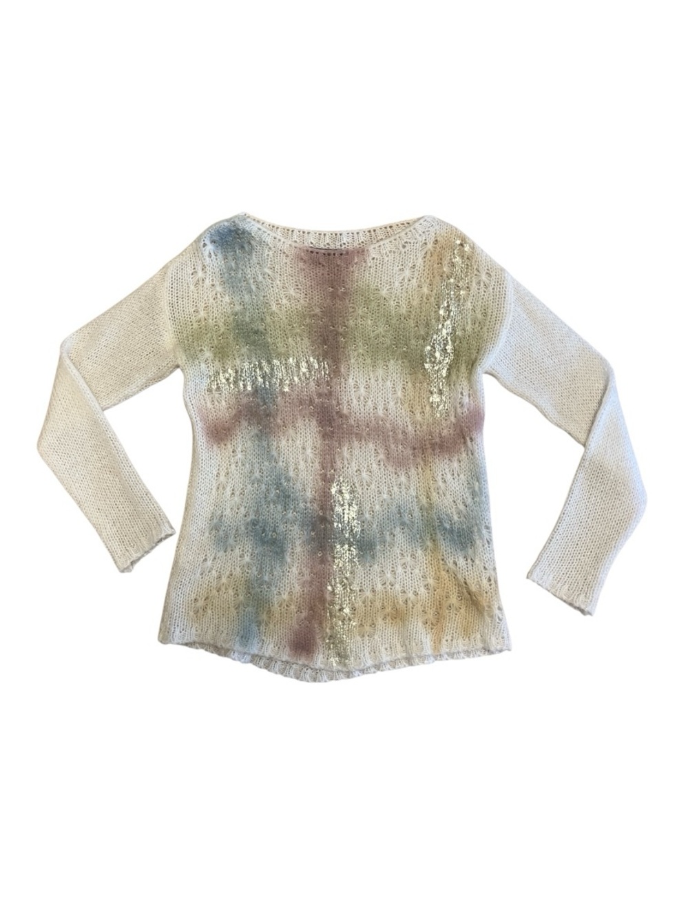 Made In Italy Open-Knit Crewneck Sweater in Cream with Multicolor Wash